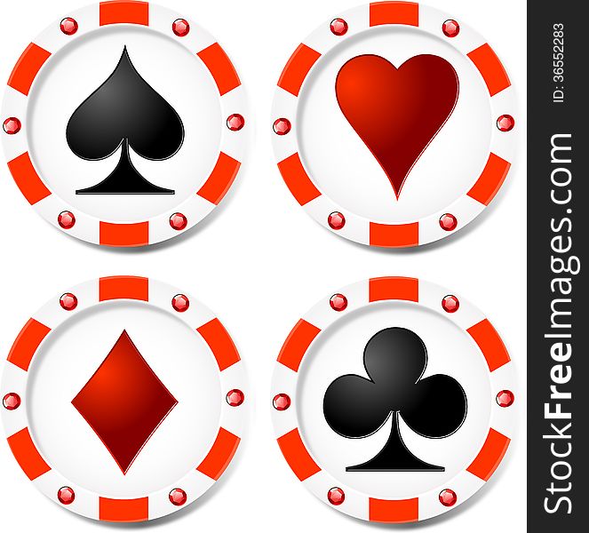 Casino chips with heats, spades, clubs and diamonds