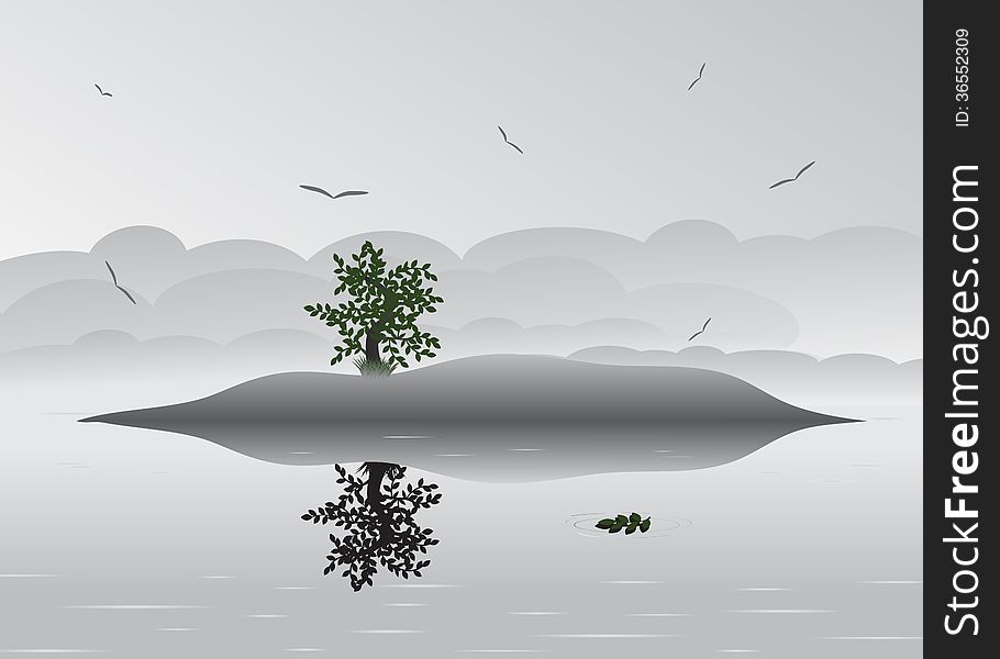 Clouds. landscape with clouds and birds, island and tree, surrounded by water and mist