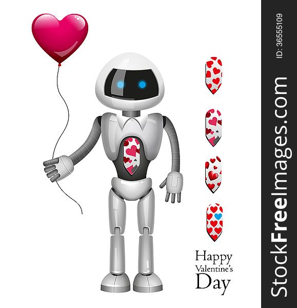 Valentines Day. Robot With Balloon Heart. Vector illustration