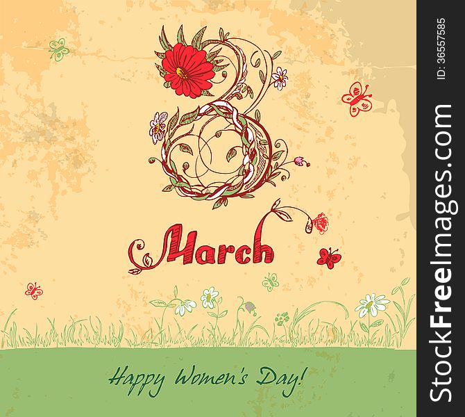 Greeting card on International Women's Day March 8 in retro style. Greeting card on International Women's Day March 8 in retro style