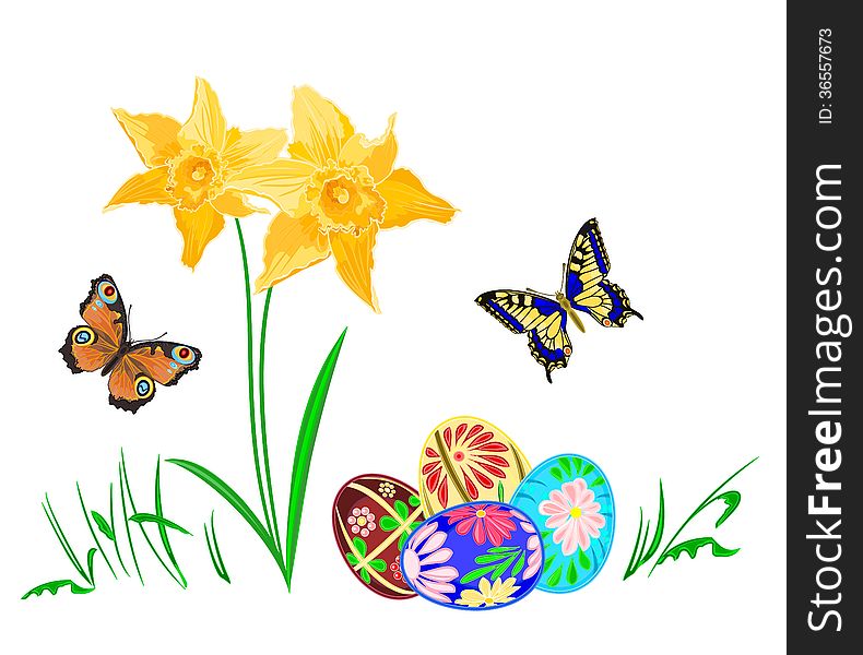 Easter egg with daffodils and butterflies vector illustracion