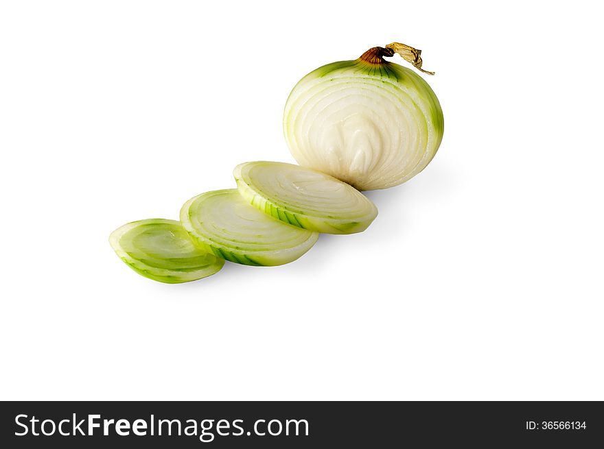 Fresh bulbs of onion on a white background, chopped onion