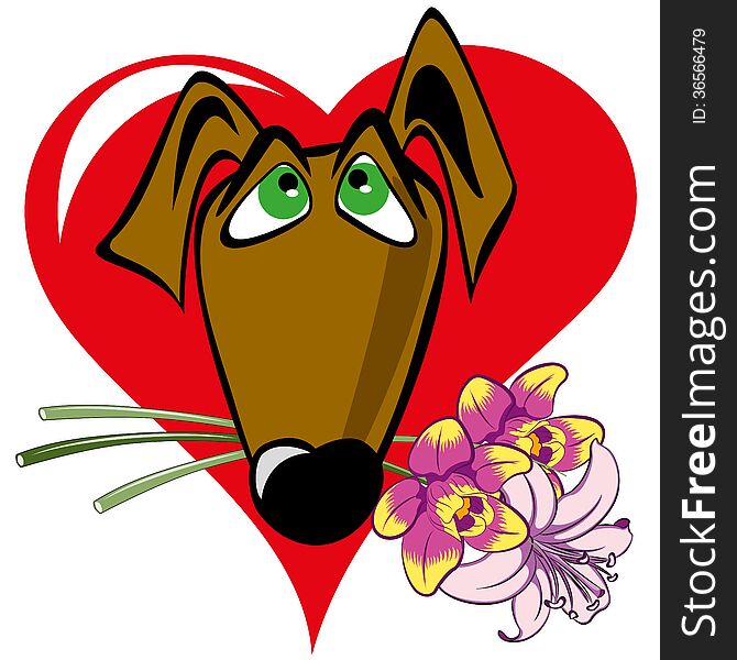 Dog with a bouquet on the background of the heart