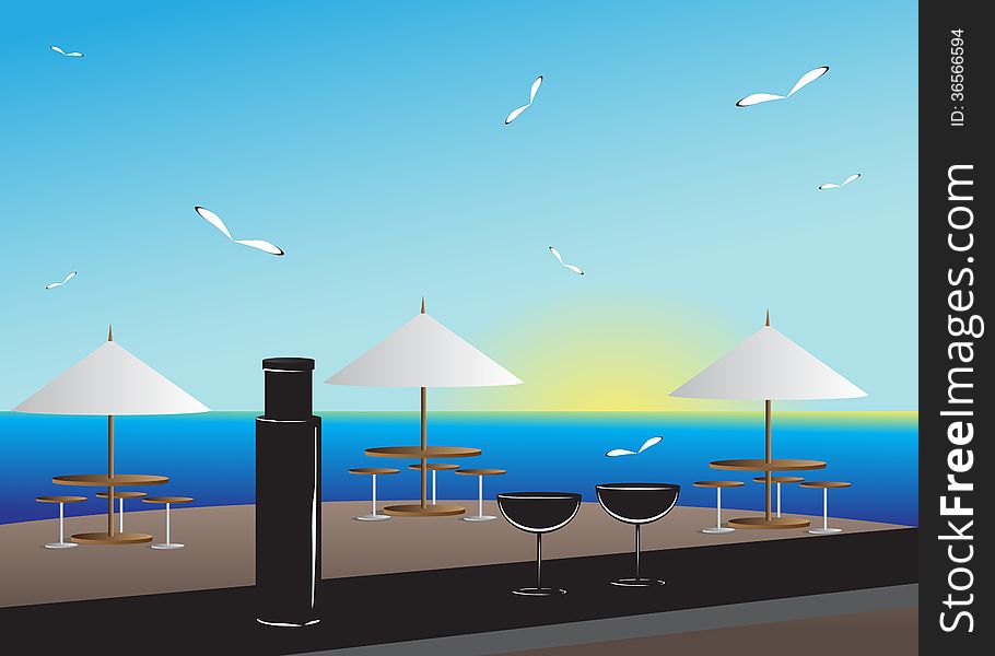 Bar. Beautiful landscape, bar on the sea overlooking the sky and birds, on a table a bottle and two glasses