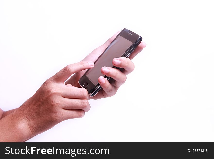Hand holding mobile phone on white background. Hand holding mobile phone on white background
