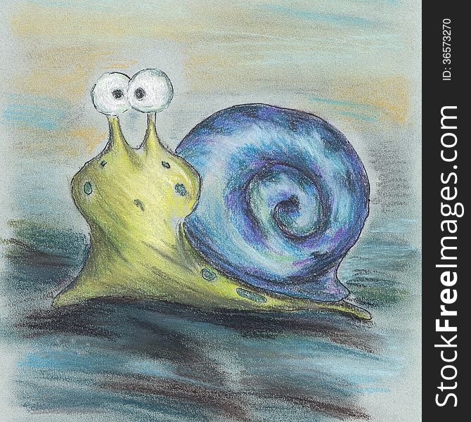 Green snail cartoon in the blue shell. Green snail cartoon in the blue shell