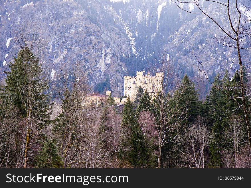 Hohenschwangau castle opposite the austrian alps in the bavaria, germany