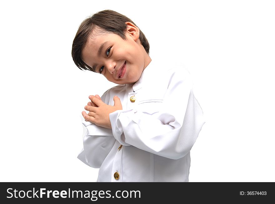 Little boy on Thai costume on white background