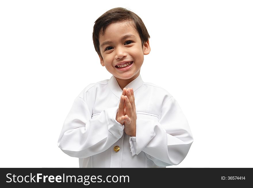 Little boy on Thai costume on white background