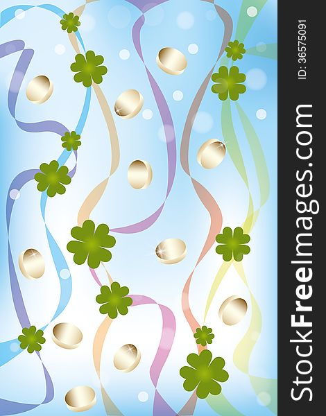 Colorful illustration of four leaf clover, shimmering gold coins and waving rainbow-banners over light-blue sky - Saint Patricks Day Background