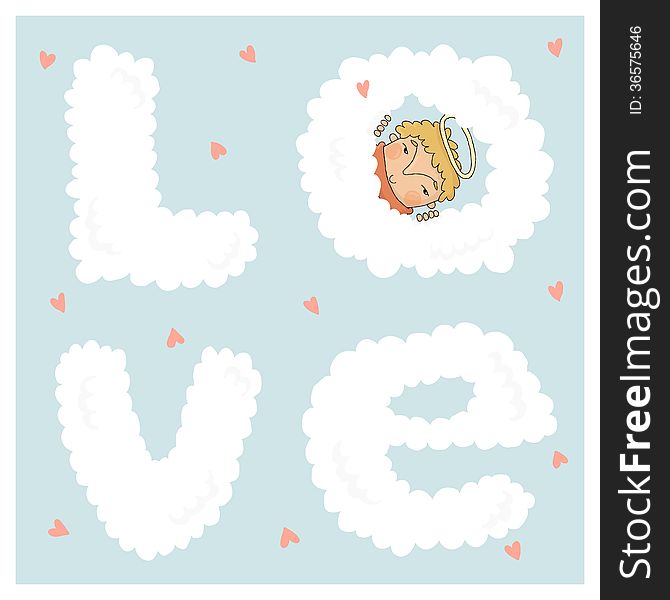 Card for valentine day with cute cupids in vector. Cupid peeking from behind the clouds. Card for valentine day with cute cupids in vector. Cupid peeking from behind the clouds