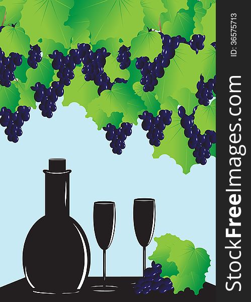 Wine. Still life, grapes clusters, the blue sky and a wine bottle with two glasses on a table.