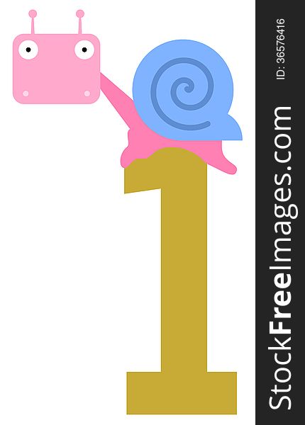 Illustration of a snail on top of the number one. Illustration of a snail on top of the number one