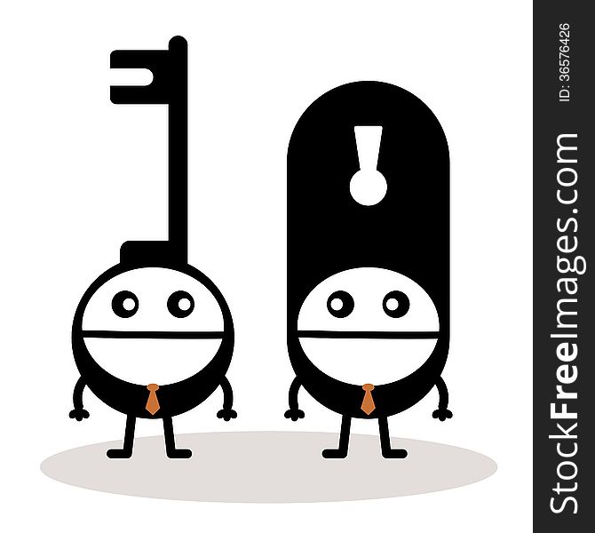 Two cartoon men with their heads shaped like a key and a key hole. Two cartoon men with their heads shaped like a key and a key hole