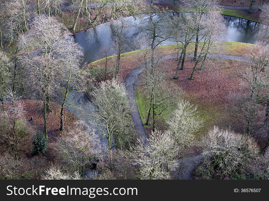 Aerial view of â€œHet Parkâ€ in Rotterdam on a windy sunny day in December. No manipulations. Just the normal corrections without changing the colors or saturation