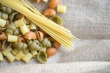 Uncooked Pasta On Natural Fabric Stock Photography