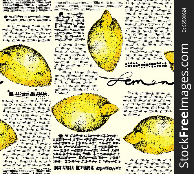 The stylized image of newspaper with lemons. Seamless background. The stylized image of newspaper with lemons. Seamless background.