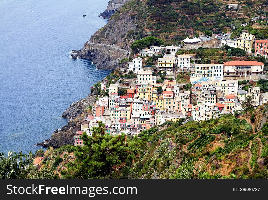 Cliff and colored houses of Riomaggiore in Italy. Cliff and colored houses of Riomaggiore in Italy