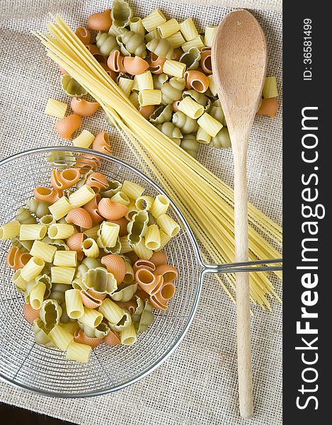 Colorful raw pasta prepare for cooking