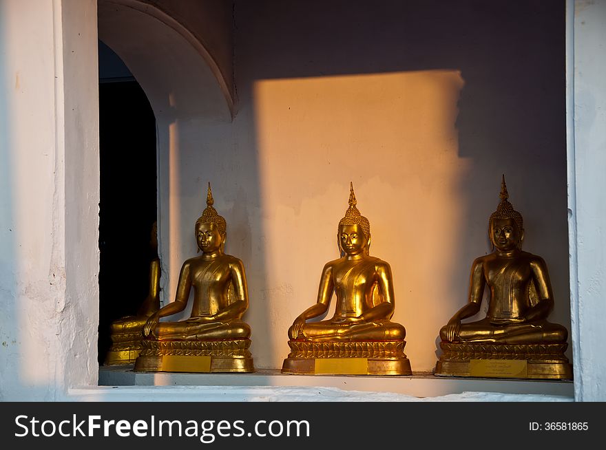 The light to the sitting Golden Buddha in the temple in Thailand