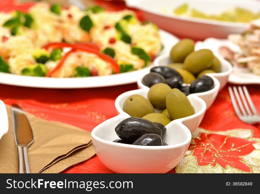 Mediterranean snacks - olives on a decorated table