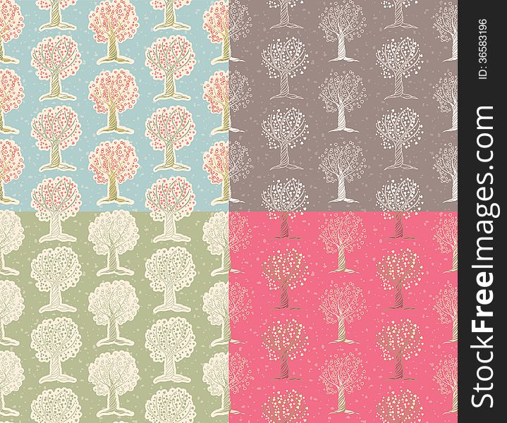 Set ot seamless pattern. Vector cartoon background with trees and hearts. Set ot seamless pattern. Vector cartoon background with trees and hearts.