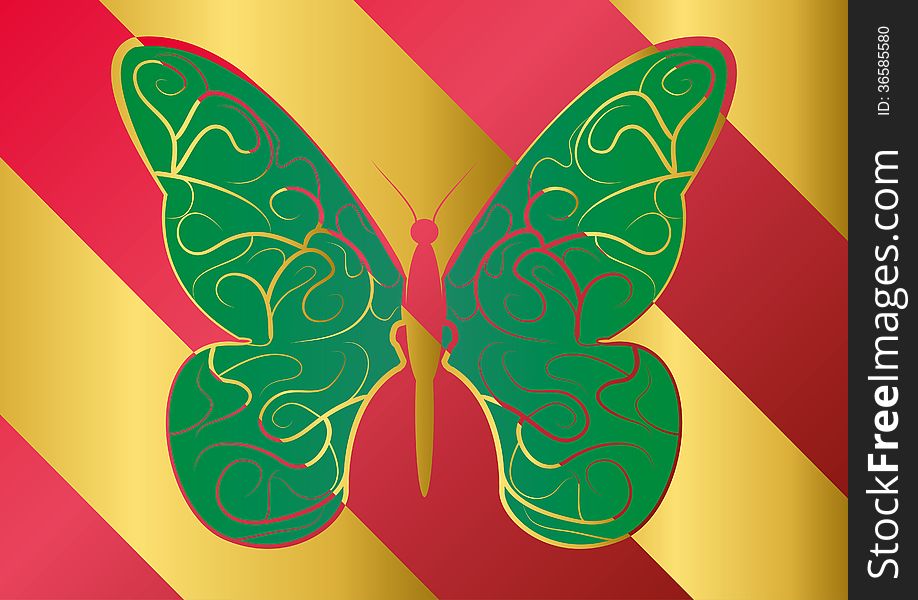 Patterned butterfly with green wings.Background in two colors. Patterned butterfly with green wings.Background in two colors.