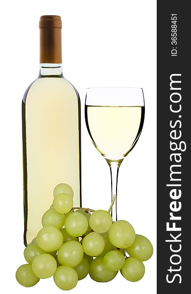 Bottle of white wine, glass and grapes on a white background. Bottle of white wine, glass and grapes on a white background