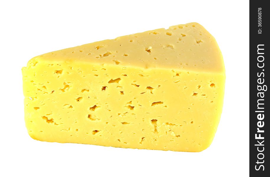 Bright yellow tasty cheese on white background