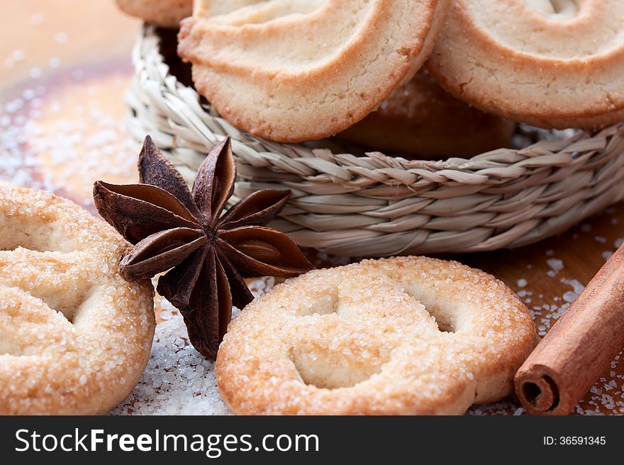 Cookies on the table and in the basket, closeup. Cookies on the table and in the basket, closeup