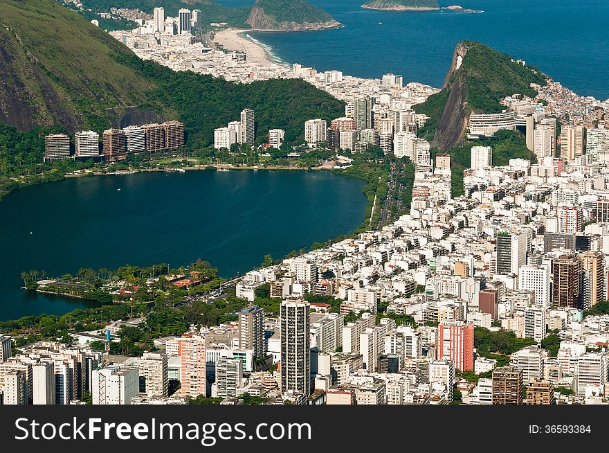 Aerial View of Rio de Janeiro Copacabana and Ipanema District from the Mountain.