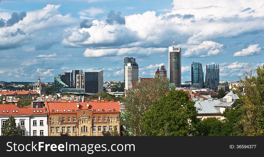 Panoramic View of Vilnius City Old Town and Modern Buildings in the Horizon