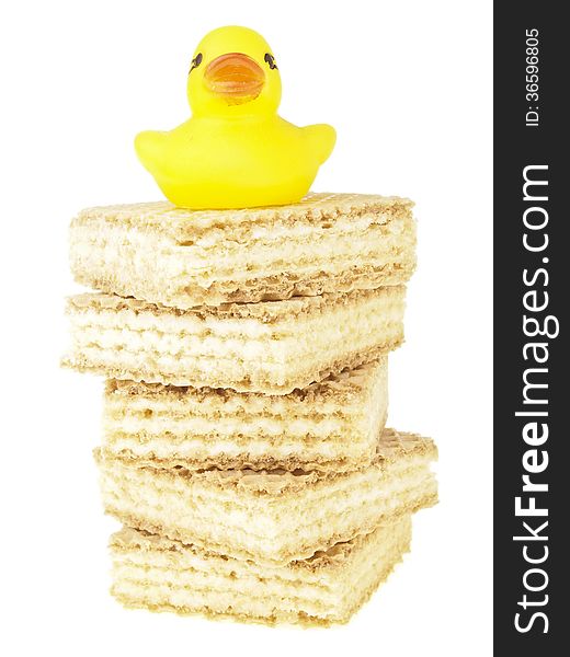 Small duck on tower stack wafer on white background. Small duck on tower stack wafer on white background