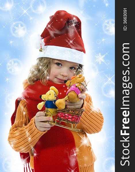 Beautiful little girl with mouse on isolated background