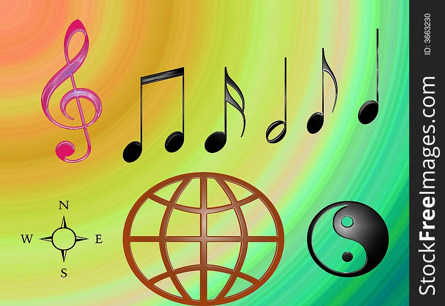 Musical notation with a world symbol, a compass, and an oriental design on top of a colorgul background. Musical notation with a world symbol, a compass, and an oriental design on top of a colorgul background