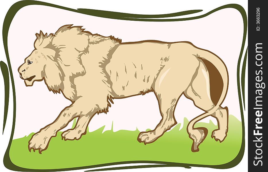 Illustration of Lion walking in grass