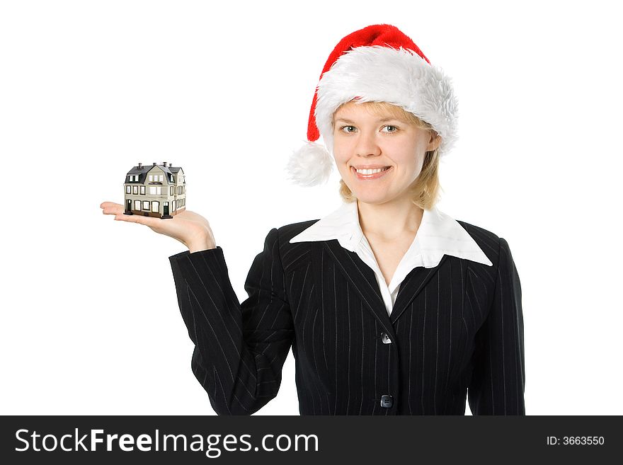 Business woman holding in hand small house over white background