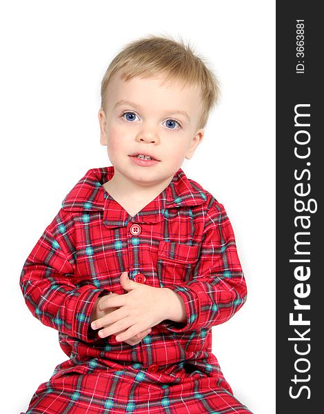 Little Boy in Christmas shirt and pants with white background. Little Boy in Christmas shirt and pants with white background