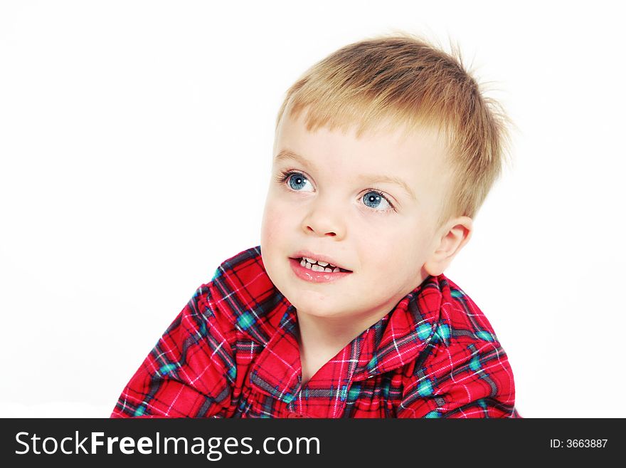 Little Boy in Christmas shirt with white background
