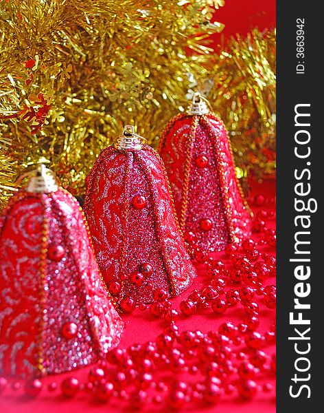 Christmas decoration close up on red background