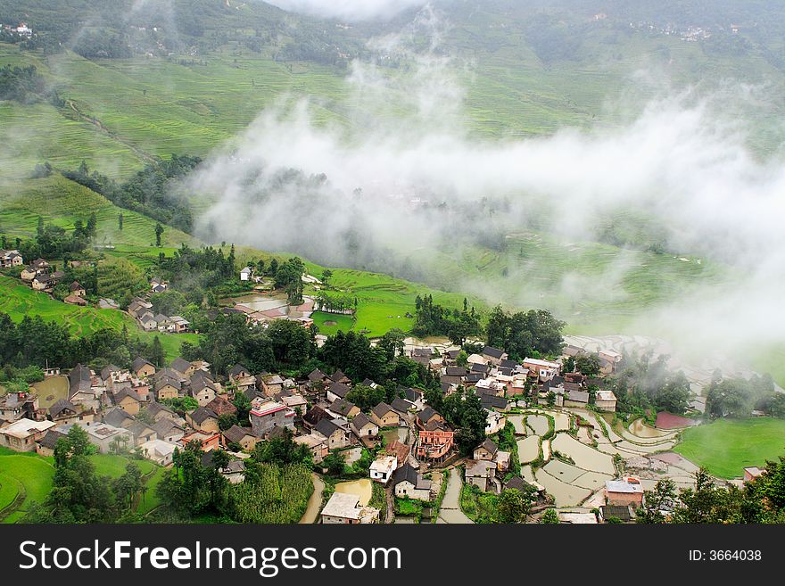 A terrace village after rain