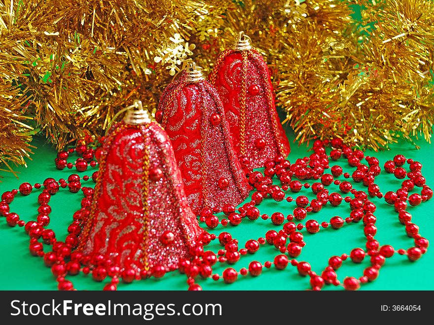 Christmas decoration close up on green background