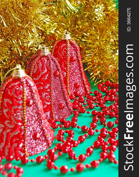 Christmas decoration close up on green background