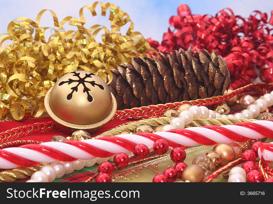 Christmas Decorations Close-up with Blue Sky Background, Shallow DOF
