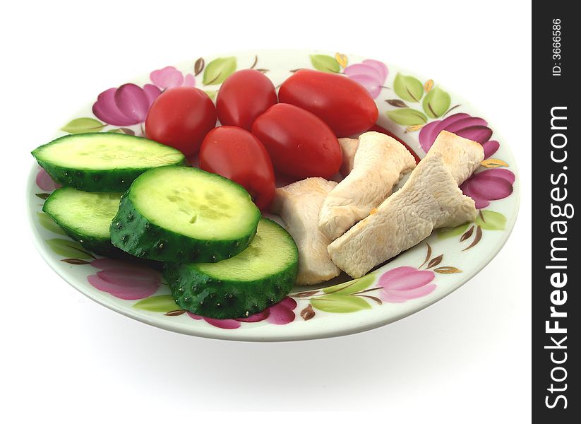 Dinner with cucumbers, isolated on white.