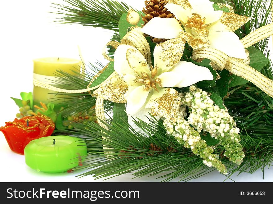 Christmas ornaments.Fir-tree,holly-berry,candles.