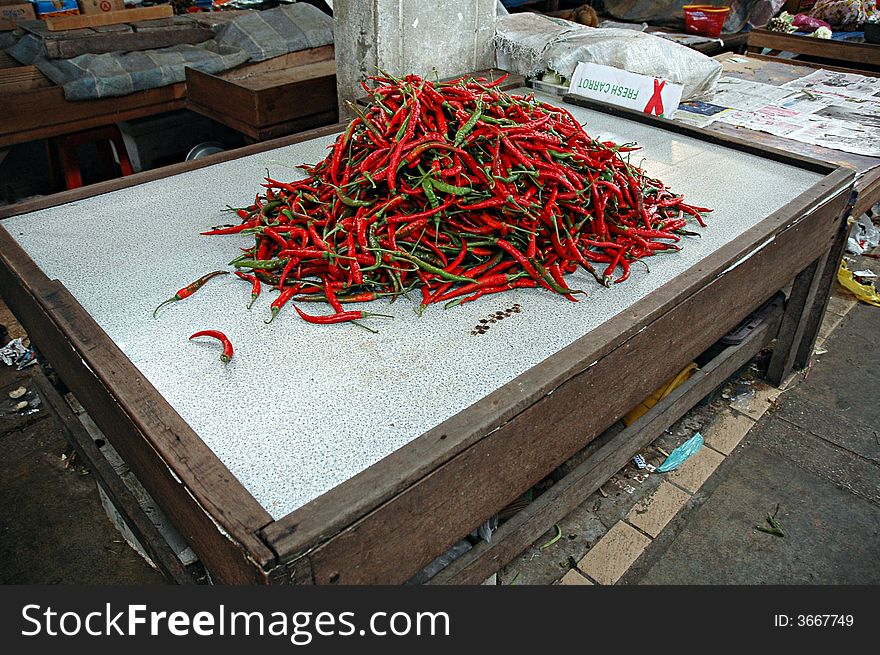 A small montain of chilli in a market in the village of Kuala Terrenganu in Malaysia. A small montain of chilli in a market in the village of Kuala Terrenganu in Malaysia