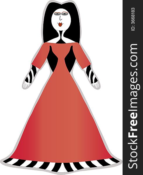 Cartoon style Gothic woman in red dress with eye brow raised.