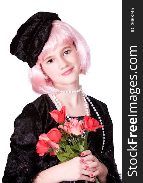 Pretty preteen diva with pink hair holding a beautiful bouquet of red roses. Pretty preteen diva with pink hair holding a beautiful bouquet of red roses.