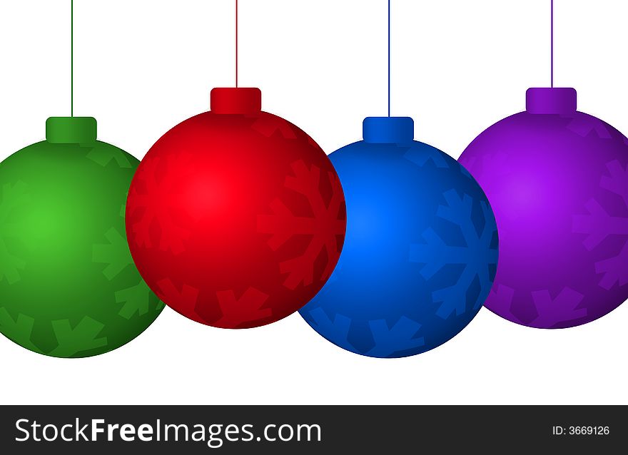 Graphic illustration of colorful hanging christmas tree ornaments isolated against a white background. Graphic illustration of colorful hanging christmas tree ornaments isolated against a white background.